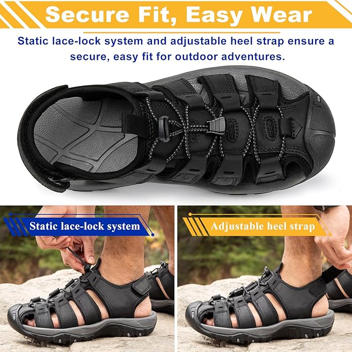 Men's Sport Sandals Closed Toe Leather Hiking Athletic Walking Outdoor Beach Trail River Fishing Water Shoes Lightweight Comfortable Waterproof