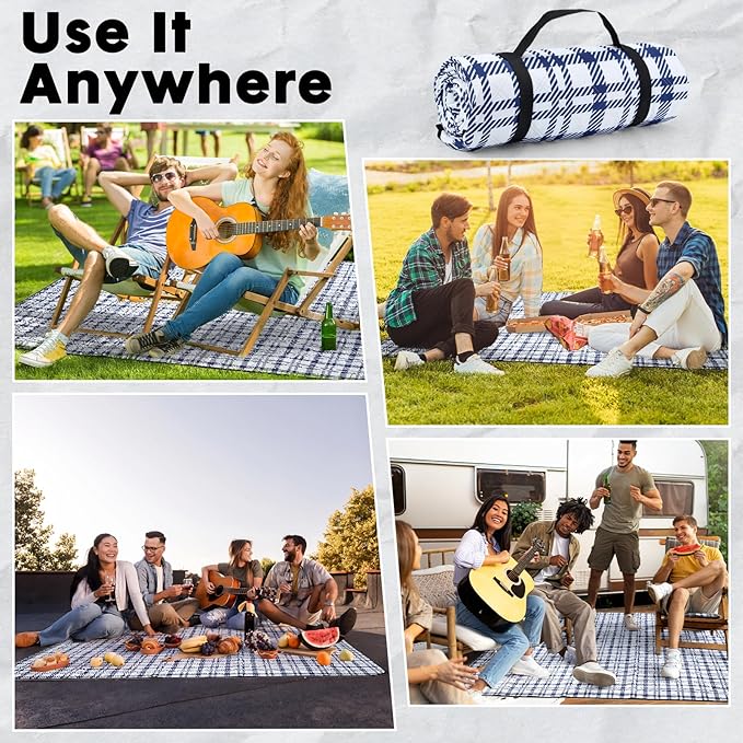 Picnic Blanket 80''x80'' Extra Large Outdoor Blanket, Waterproof, Sandproof, Machine Washable, Tear Resistant, Foldable Picnic Mat for Camping, Grass, Park, Travel, Beach – Blue