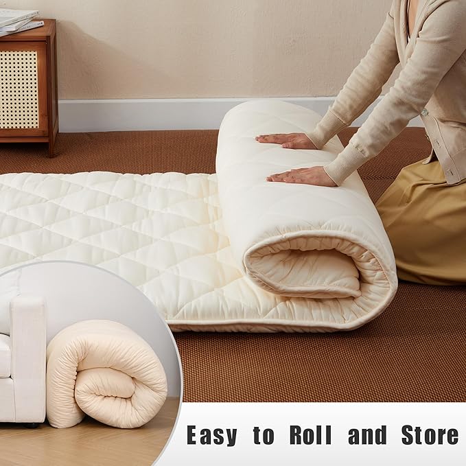 Japanese Floor Futon Mattress, Tatami Mat Sleeping Pad, Shikibuton, Mattresses Topper, Boys Girls Roll Up Dormitory Mattress, Foldable & Portable Floor Lounger Bed, Guest Bed (Cream, Full)