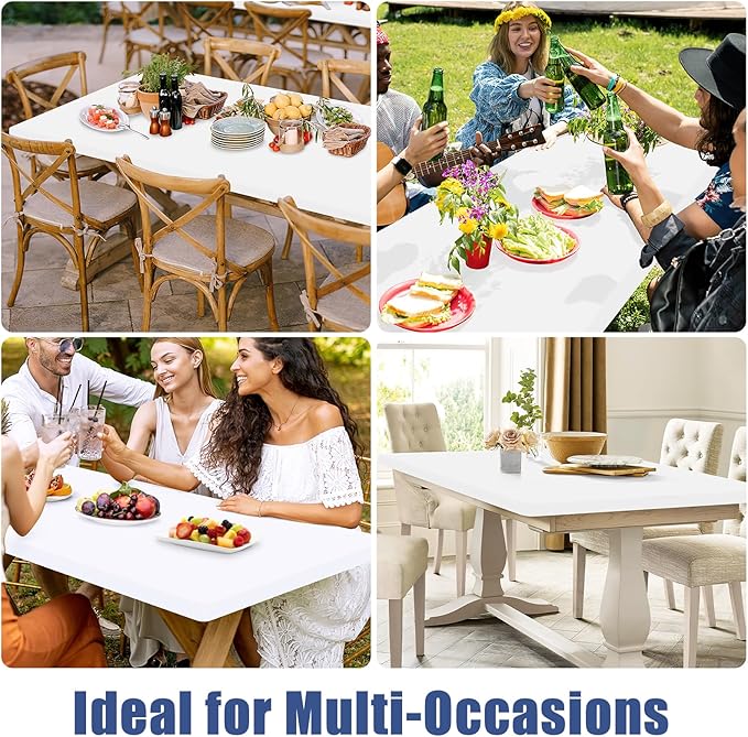 Spandex 6 Foot Rectangle Table Cloth 2 Pack, Elastic Fitted Tablecloths for Picnic, Stretch Washable Patio Table Cover for Outdoor, Camping, Banquet and Parties (White, 36"x72")