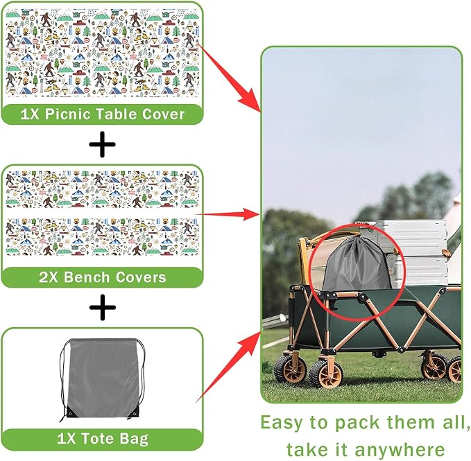 JAWO Picnic Table Covers with Bench Covers Camping Big Foot Adventure Tablecloth Fitted Picnic Table Cover with Elastic Windproof Waterproof Fabric, Camping Accessories Patio & Outdoor