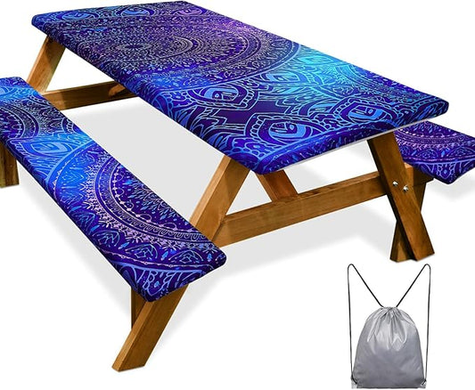 Picnic Table Cover with Bench Covers Camping Essentials Waterproof Windproof Camping Tablecloth with Drawstring Bag, Fitted Rectangle Tables and Seats, 60in, Blue Purple
