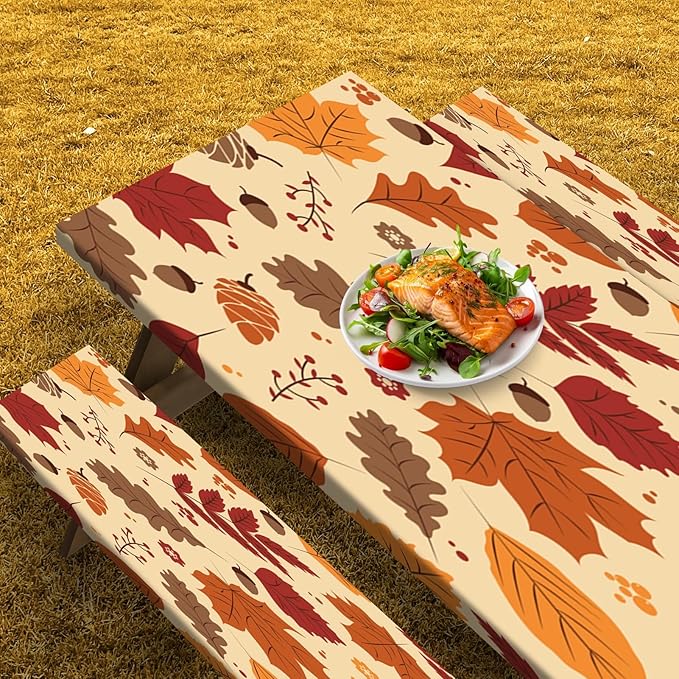 Picnic Table Cover with Bench Covers Elastic Edges, Autumn Fall Fitted Table Cover, Outdoor Patio Camping Essentials 72 Inch 3PCS, Waterproof Camping Fitted Tablecloth with Drawstring Bag