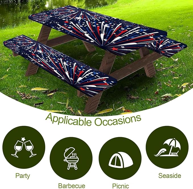 CAPSCEOLL Elastic Picnic Table Cover with Bench Covers 5Ft Waterproof Fitted Picnic Table Cover Cloths for Outdoors Camping Tablecloth with Drawstring Bag, 60X30in, Fireworks