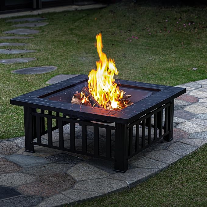Multifunctional Fire Pit Table 32 inch Square Metal Firepit Stove Backyard Patio Garden Fireplace for Camping, Outdoor Heating, Bonfire and Picnic