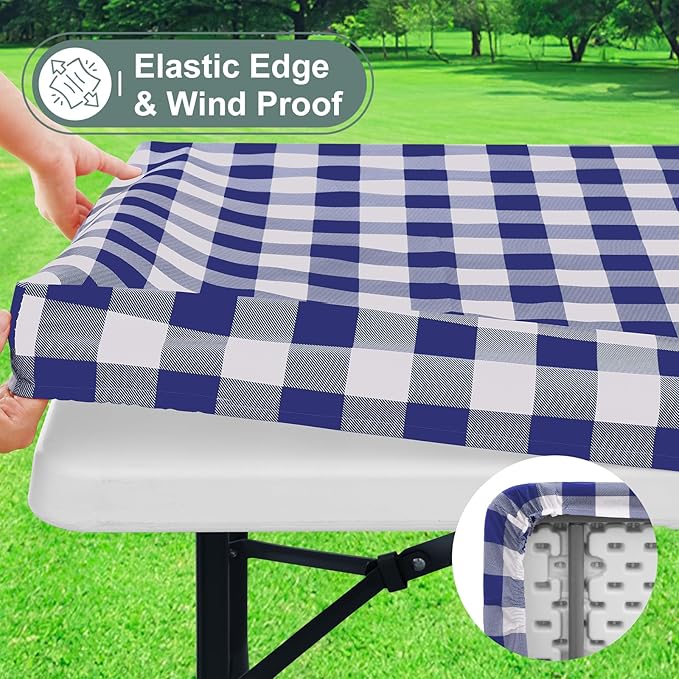 misaya Buffalo Rectangle Picnic Tablecloth, 6 Foot Elastic Fitted Vinyl Table Cloth with Flannel Backing, Waterproof Plaid Table Covers for Dining, Camping, Outdoor (Navy and White, 30" x 72")
