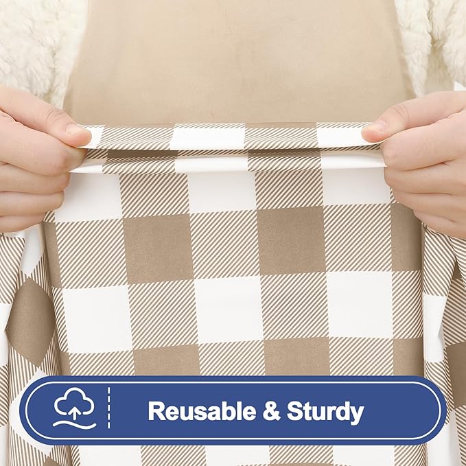 Smiry Picnic Table Cover with Bench Covers, Waterproof Elastic Fitted Tablecloths for 6 Foot Rectangle Tables, Washable Buffalo Plaid Tablecloth for Camping, Outdoor (Khaki & White, 30"x72")