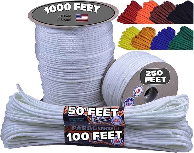 BORED? PARACORD! 550 lb Paracord - Ideal for Crafting, Camping, DIY Projects, Active & Military Outdoors - Strong Survival Rope - Tactical Parachute Cord Type III - White 50 Feet