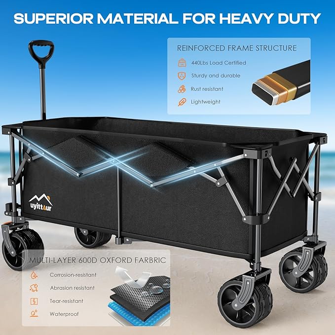 300L Extra Large Collapsible Foldable Wagon, 440lbs Load Capacity 48''L Extended Heavy Duty Folding Beach Wagon with Big All-Terrain Wheels, Utility Garden Cart for Outdoor Activities, Black