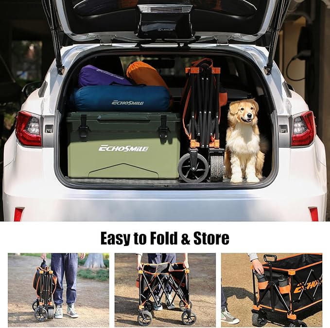 EchoSmile Collapsible Folding Wagon Cart 360lbs, Heavy Duty Garden Utility Cart with All Terrain Wheels, Large Capacity Outdoor Wagon for Camping, Beach, Shopping, Picnic (Black Orange)