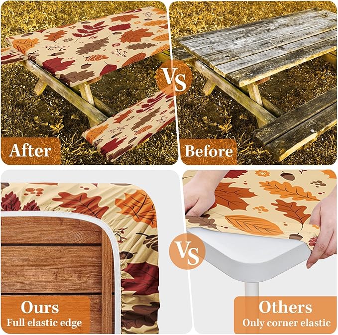 Picnic Table Cover with Bench Covers Elastic Edges, Autumn Fall Fitted Table Cover, Outdoor Patio Camping Essentials 72 Inch 3PCS, Waterproof Camping Fitted Tablecloth with Drawstring Bag