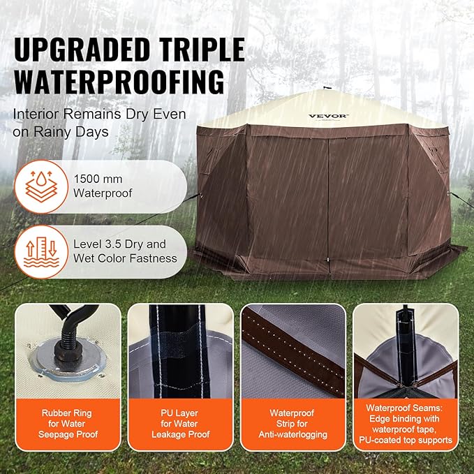 VEVOR Pop Up Gazebo Screen Tent 6 Sided Canopy Sun Shelter with 6 Removable Privacy Wind Cloths & Mesh Windows, 12.5x12.5FT Quick Set Screen Tent with Mosquito Netting, Brown