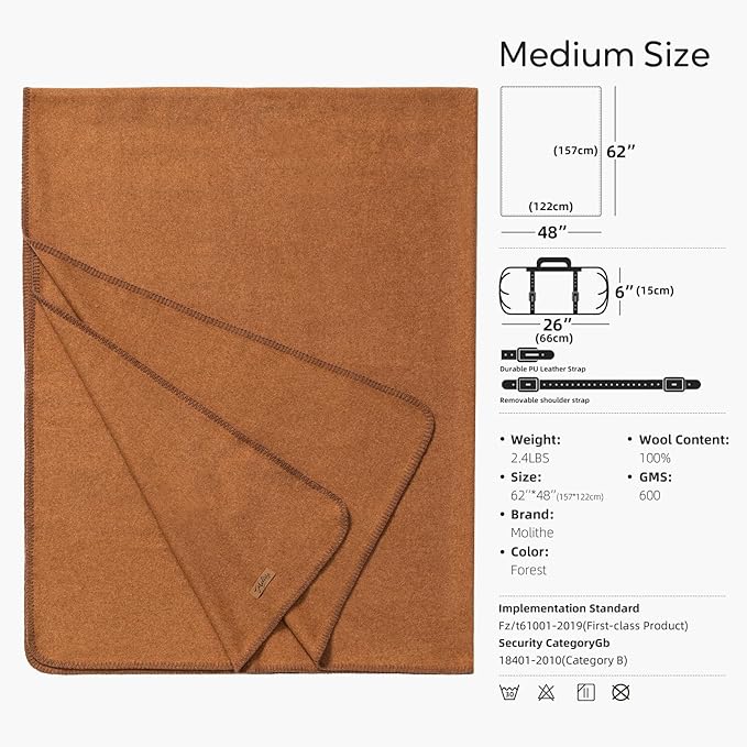 100% Wool Blanket, 48" x 62", Warm, Thick, Washable, Military Wool Blanket, Great for Camping, Outdoors, Sporting Events, Survival Kits, Dark Camel