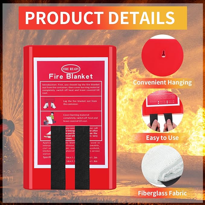 4 Packs Emergency Fire Blanket, Fiberglass Fire Suppression Blanket with Box Fireproof Flame Retardant Safety Survival Cover for Home Kitchen Fireplace Grill Office Warehouse