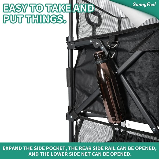 SUNNYFEEL 550L Large Capacity Folding Sports Wagon, 550LBS Heavy Duty Collapsible Cart,Extra High Extender Wagon Cart with Tailgate, All-Terrain Big Wheels for Camping Fishing & Outdoor Use，Black