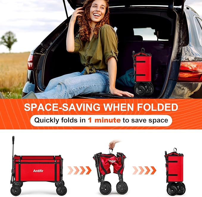 Collapsible Wagon Carts,Folding Wagon Cart with All Terrain Wheels,Heavy Duty Garden Carts with Adjustable Handle,Outdoor Utility Wagon for Camping Shopping Sports Fishing（Red）