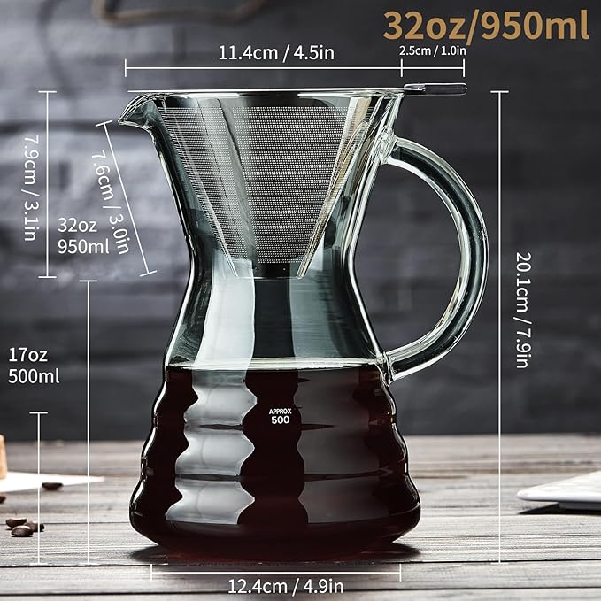 Unbreakable - Pour Over Coffee Maker with Permanent Stainless Filter 32 fl oz, Thickened Heat-Resistant Borosilicate Glass Dripper Coffee Brewer, Stovetop Safe, Ink