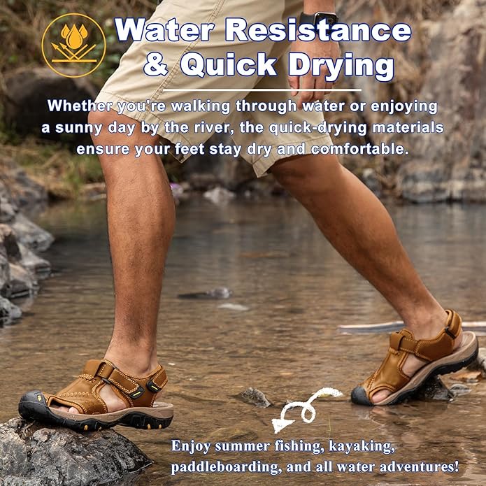 Men's Sport Sandals Closed Toe Leather Hiking Athletic Walking Outdoor Beach Trail River Fishing Water Shoes Lightweight Comfortable Waterproof