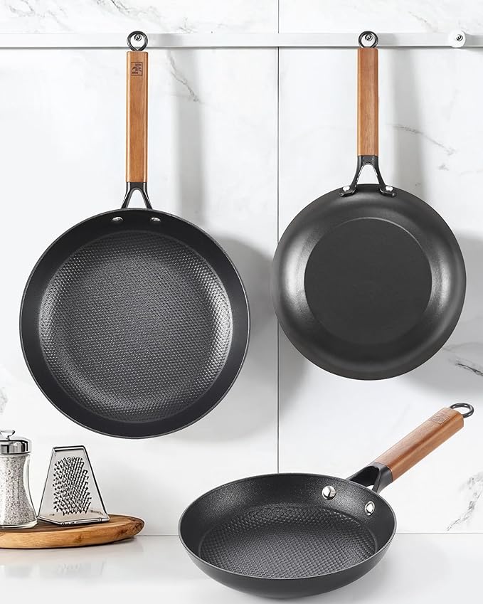 DM Cast Iron Skillet, 2 Piece Nonstick Frying Pan Set, 10 and 12 Inch with Detachable Acacia Wooden Handle, Honeycomb Non stick Omelet Egg Pan, Easy Clean Oven Safe Pans for Cooking