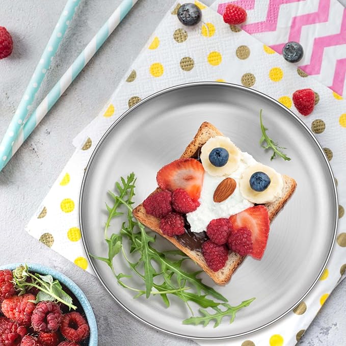 Homikit 6 Pack Stainless Steel Plates, Metal Kids Toddler Dinner Plate Set Non Toxic, 9 Inch Round Camping Plates for Serving Dishes Dessert Salad, Unbreakable & Reusable, Dishwasher Safe