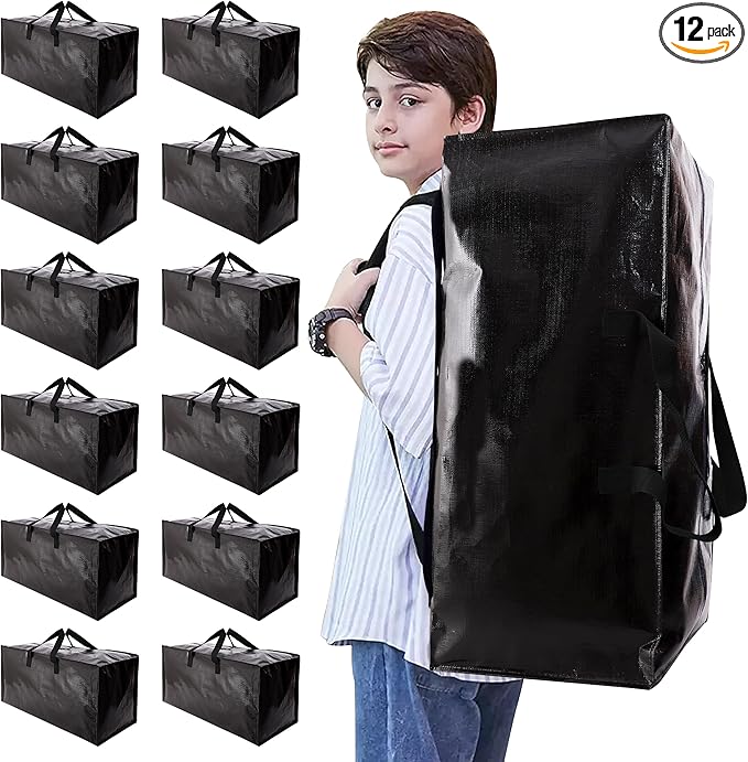 Heavy Duty Moving Bags with Backpack Straps and Strong Handles, Alternative to Moving Boxes and Storage Totes for Dorm Room Essentials, 12 Pack, Black