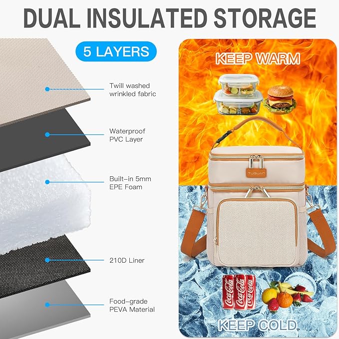 Tuguan Small 12 Can Cooler Bag Double-Layer Premium Portable Insulated Leakproof Lunch Bag Box with Ice Pack Mini Ice Chest Travel Soft Side Cooler for Picnic Hiking Beach Camping