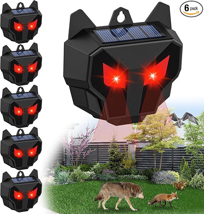 6 Pack Solar Deer Repellent Outdoor, Waterproof Wild Nocturnal Animals, Squirrel Repeller with Red Lights, Dog, Skunk Repellent for Yard, Predator, Cat, Wolf, Hawk, Coyote, Fox, Raccoon, Snake, Rabbit