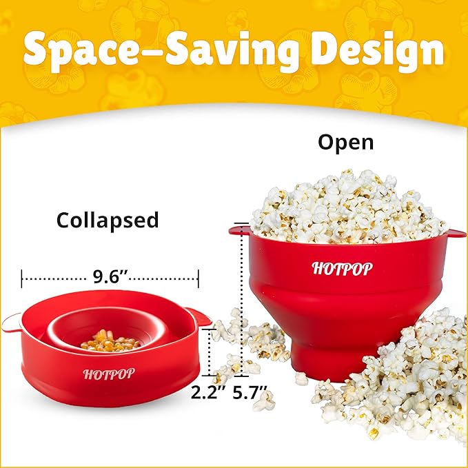 The Orginal HotPop Silicone Popcorn Maker - Microwave Popcorn Popper with Handles - Collapsible Bowl, Heat-Resistant, Easy to Clean, Ideal for Family Movie Nights, 15-Cup Capacity - Red
