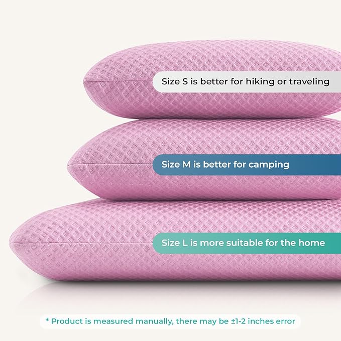 Travel Pillow Memory Foam Pillows, Camping Pillow-Compressible Medium Firm, Breathable Cover, Ideal Backpacking Hiking, Bed Pillows, Airplane and Car (Apricot Powder, L)