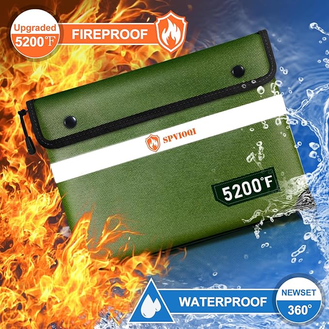 Upgraded Fireproof Document Bag 5200°F -Heat Insulated, Water Fire Proof Bag with Zipper, 8 Layers of Functional Materials, 14.2 X 11” Fire Proof Money Bag for Cash, Important Documents and Valuables