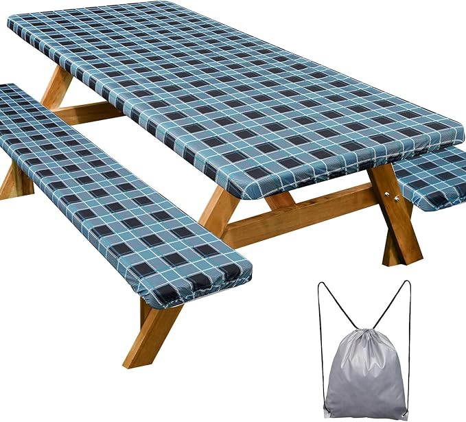 Picnic Table Cover with Bench Covers Camping Essentials Waterproof Windproof Camping Tablecloth with Drawstring Bag, Fitted Rectangle Tables and Seats, 72in, Small Blue Plaid