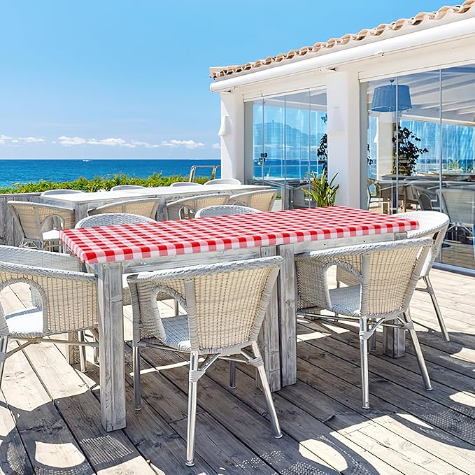 misaya Buffalo Rectangle Picnic Tablecloth, 4 Foot Elastic Fitted Vinyl Table Cloth with Flannel Backing, Waterproof Plaid Table Covers for Dining, Camping, Outdoor (Red and White, 24" x 48")