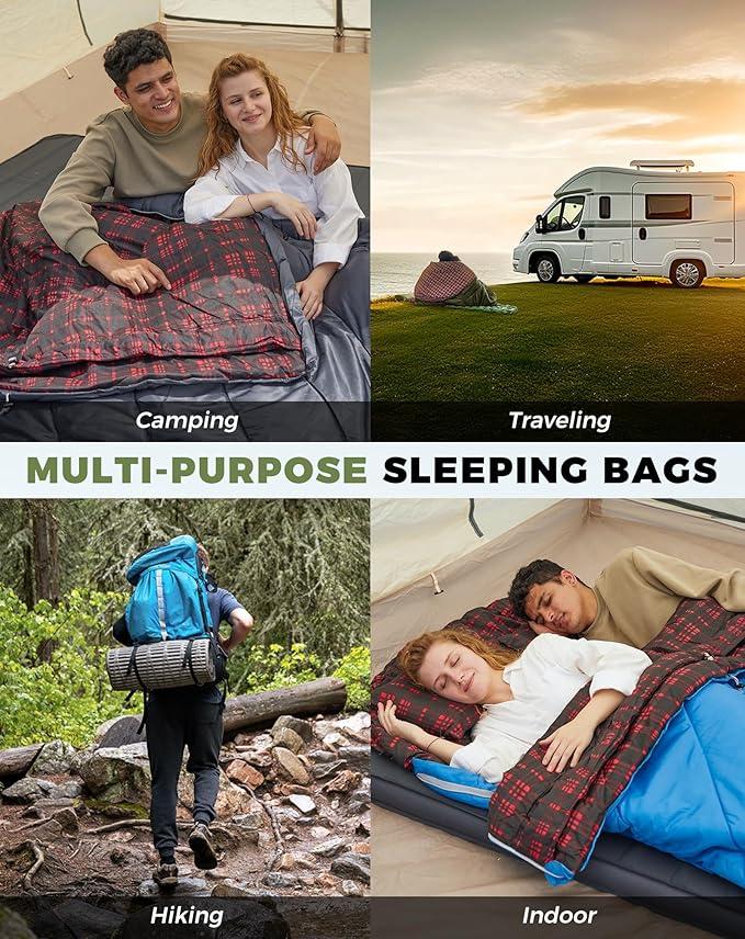 KingCamp Double Sleeping Bag for Adults, Queen Size 2 Person XXL Flannel Sleeping Bag, Waterproof Lightweight Flannel Quilt with 2 Pillows, Perfect for Couples Family Camping Hiking