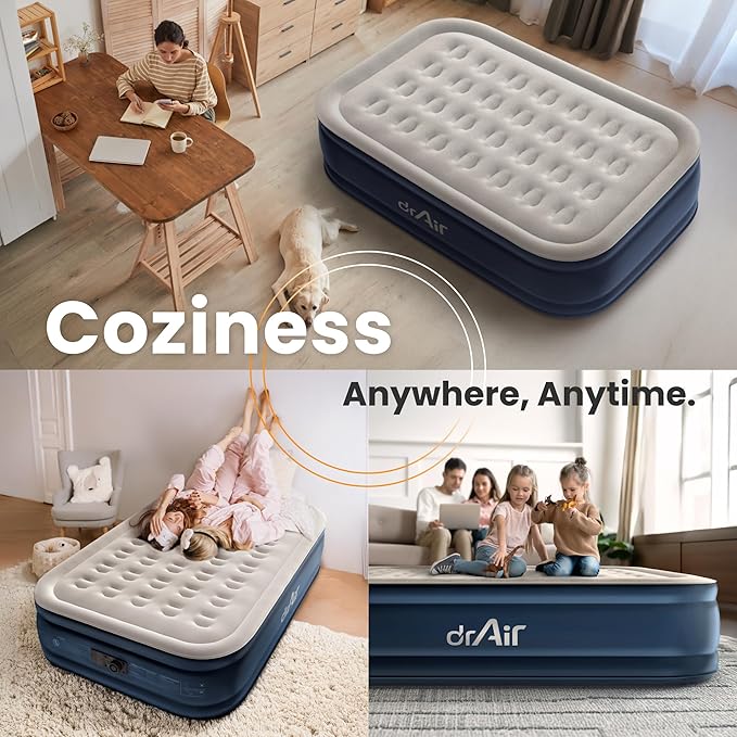 Full Air Mattress, 18” Raised Inflatable Bed with Built-in Pump, Waterproof Velvety Top, Ergonomic Design, Reinforced Support, and Carry Bag for Home, Camping, and Guests