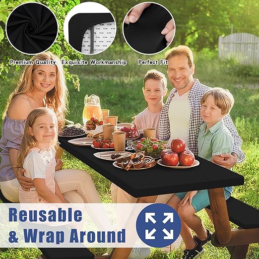 Picnic Table Cover with Bench Covers, Elastic Fitted Spandex Tablecloths for 8 Foot Rectangle Tables, Stretch Washable Patio Tablecloth for Outdoor, Camping (Black, 30"x96")