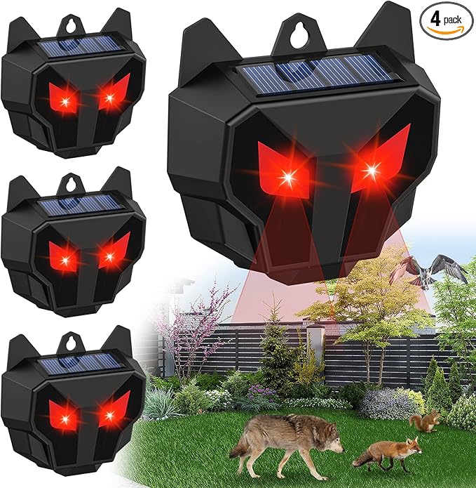 4 Pack Solar Deer Repellent Outdoor, Skunk Repellent for Yard, Squirrel Repeller Devices with Red Lights, Waterproof Wild Nocturnal Animals, Cat, Wolf, Hawk, Coyote, Fox, Raccoon, Snake, Rabbit