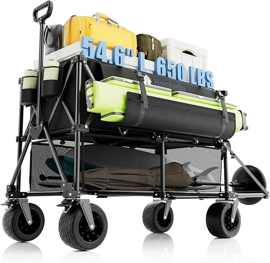 400L Folding Double Decker Wagon, 560LBS Heavy Duty Utility Cart with Brakes, Wagon Cart with Wheels Foldable, All-Terrain Big Wheels for Camping, Beach, Picnic, Outdoor Use, Black