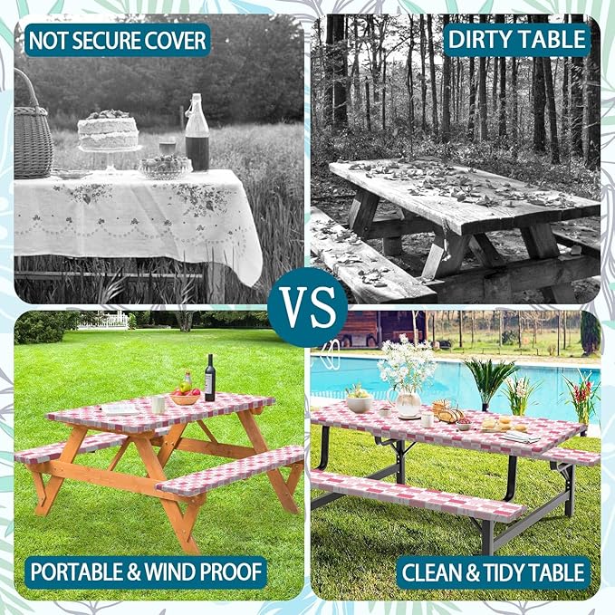 Picnic Table Cover with Bench Covers, Checkered Bownot Elastic Edges Waterproof Windproof Camping Essentials, Camping Fitted Tablecloth with Drawstring Bag, 60in, Pink White