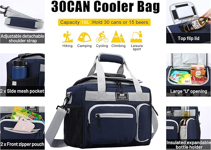 MIER Leakproof Insulated Cooler Lunch Bag for Adult Men Women 30 Can Cooler Bag with Top Flip Lid, 18L, Multiple Pockets (Dark Blue-No Luggage Strap)