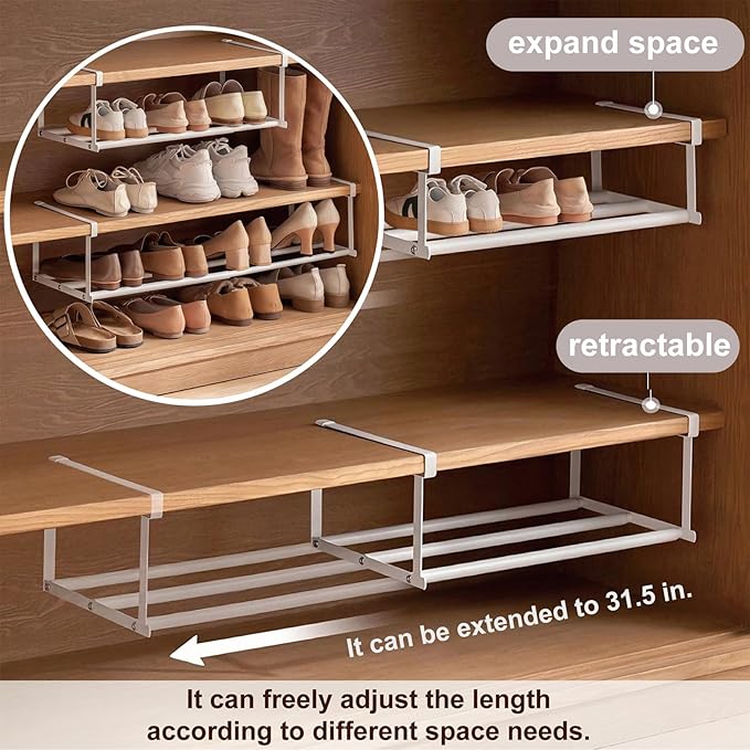 Expandable Shoe Rack Organizer - Adjustable Shoe Rack & Under Cabinet Shelf - for Shoe or Clothing Storage and Organization, Under Shelf Storage (Black,1 Pcs)