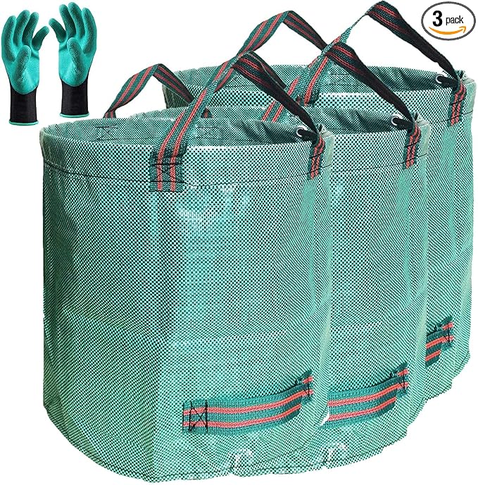 Standard 3-Pack 32 Gallons Yard Garden Bags (D18, H30 inches) with Gardening Gloves, Standable Reusable Leaf Bags,Plant Trimming Bag,Yard Waste Bags,Trash Container,Lawn Grass,Weeds Bag w/ 4 Handles