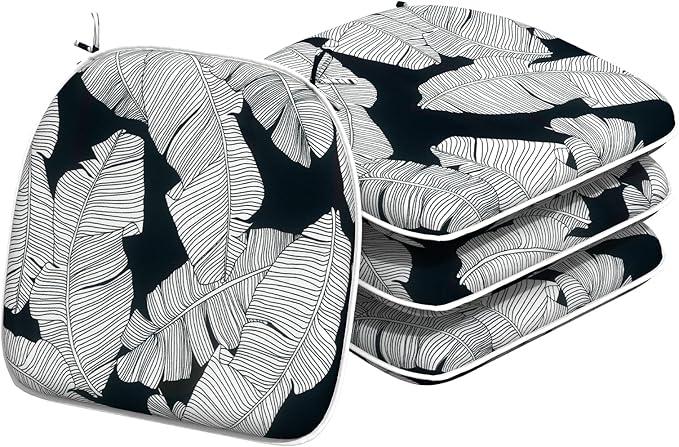Indoor/Outdoor Chair Cushions 16x17 Inch, Patio Chair Cushions with Ties, All Weather Seat Cushions for Patio Furniture Home Garden Chair Use, Set of 4, Black Lush Leaves