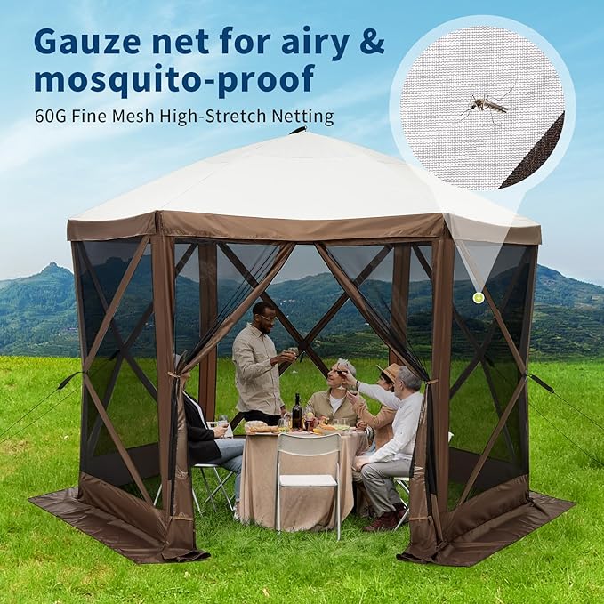 12x12FT Portable Gazebo Tent with Mosquito Netting - Instant Setup Canopy Shelter, 6 Sidewalls & Carry Bag, Stakes for Camping, Backyard, Lawn Events