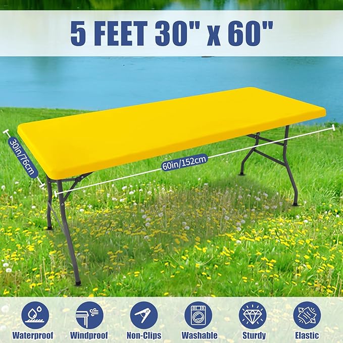 Spandex Picnic Table Cloth 2 Pack, Elastic Fitted Tablecloths for 5 Foot Rectangle Tables, Stretch Washable Patio Table Cover for Outdoor, Camping, Banquet and Parties (Yellow, 30"x60")