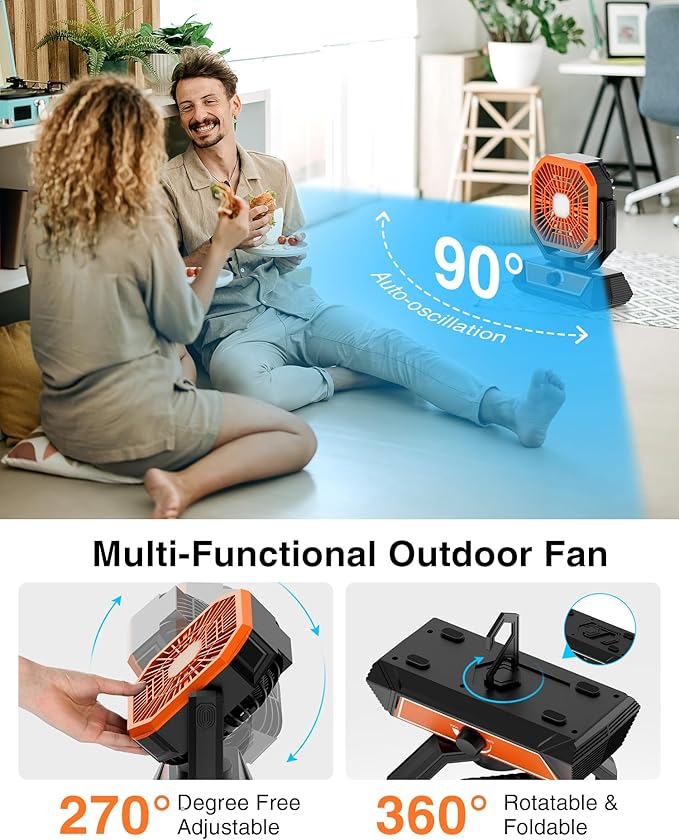 Portable Camping Fan with 20000mAh Rechargeable Battery, USB-C Battery Powered Fan for Indoor Outdoor Use, Ultra Quiet Battery Operated fan for Travel, Tent, Beach, Picnic, BBQ, Desk, Home
