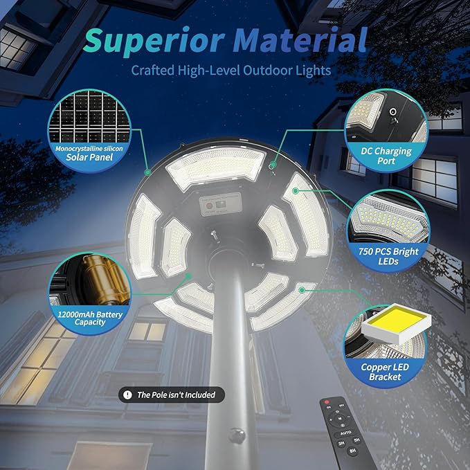 Outdoor Lamp Post Light with Motion Sensor, Solar Powered, IP65 Waterproof, Dusk to Dawn, 750-LED Pole Light Fixture with Remote and DC Port for Indoor Outdoor Lighting(Includes Plug)