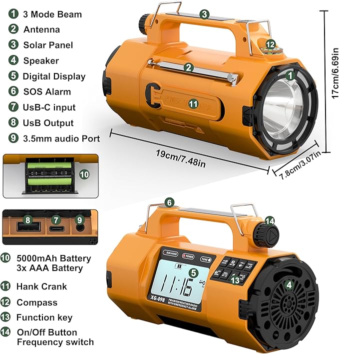 Emergency Alert NOAA Weather Radio with Hand Crank & Solar Power Portable AM/FM/SW Radio, Flashlight, Replaceable Battery, Cell Phone Charger, SOS Alarm, Power Outage Essentials for Outdoor