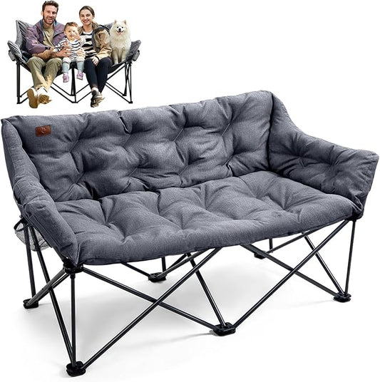 EVER ADVANCED Extra Large Double Camping Chair for Adults, Family Size Padded Folding Camping Love Seat Bench with Side Pocket Portable Camping Couch, Two Person Heavy Duty Folding Outdoor Chair