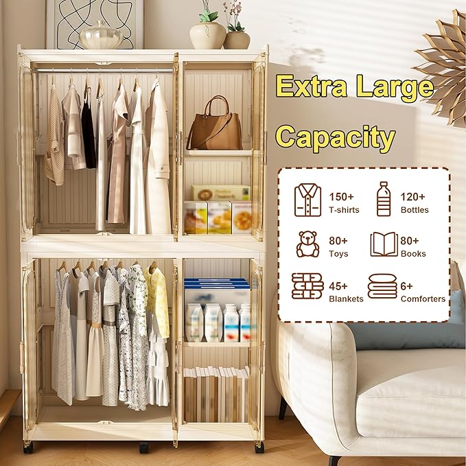 Portable Wardrobe Closet Storage Organizer, Plastic Collapsible Closet Organizer with Transparent Magnetic Door, for Bedroom Living Room,Easy Assemble,4 Cubes & 2 Hanging Rod