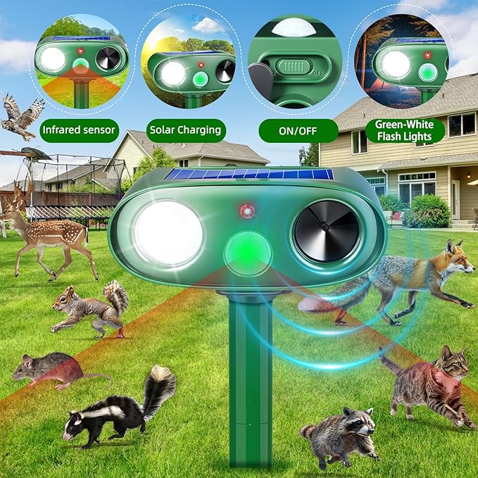 2025 4Pack Solar Ultrasonic Animal Repellent Outdoor Deer Repellent Devices with Motion Detection&Flash Lights,Waterproof Squirrel Skunk Raccoon Dog Cat Deterrent for Yard Patio Farm Garden